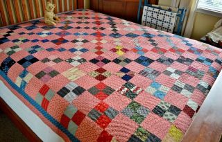 Antique Hand Stitched Four Patch Calico Quilt 7