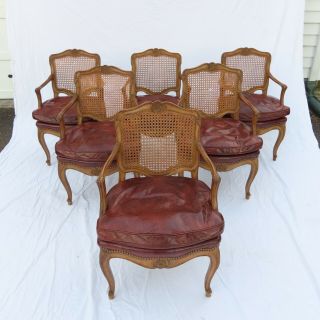 Six French Louis Xvi Style Caned Armchairs / Dining Chairs Leather Seats 1950s