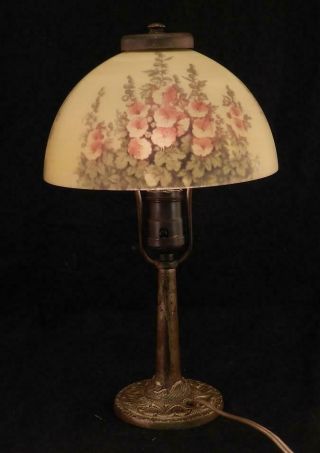 Antique Aladdin Hollyhock Flowers Reverse Painted Boudoir Lamp Handel Era Vgc