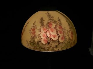 Antique ALADDIN Hollyhock Flowers Reverse Painted Boudoir Lamp Handel Era VGC 5