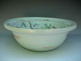 LARGE ANTIQUE CHIESE FAMILLE ROSE BASIN WITH BIRD & FLOWERS 2