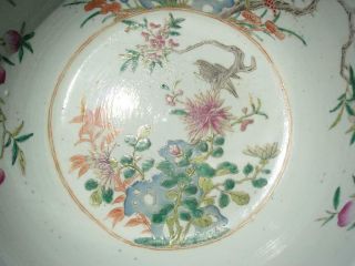 LARGE ANTIQUE CHIESE FAMILLE ROSE BASIN WITH BIRD & FLOWERS 7