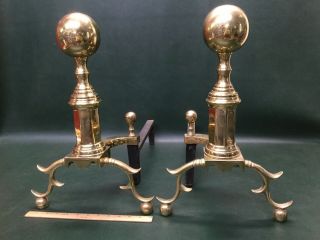 The Harvin Co.  Brass Fireplace Andirons Williamsburg Style Cannon Ball