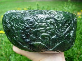 A LARGE CHINESE SPINACH GREEN JADE ' DRAGON ' BRUSH WASHER 5