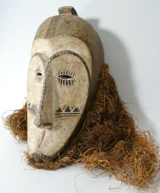 Vintage Carved Wood Polychrome Fang Dance Mask W Grass Beard From Gabon Africa