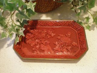Vintage Chinese Red Cinnabar Floral Lacquer Tray