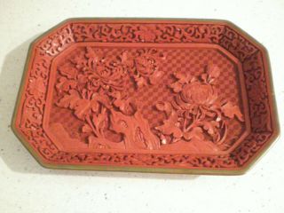 Vintage Chinese Red Cinnabar Floral Lacquer Tray 2