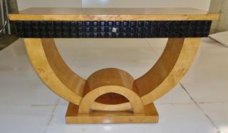 Unique Quality Art Deco Style Elm And Carved Ebonised Wood Console Table