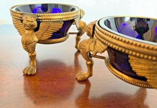 Gold/Gilt Footed Winged Lion Open Salt Cellar with Cobalt glass inserts. 2