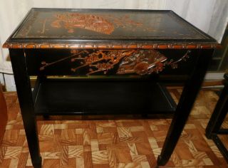 Vintage Chinese Wood End Table W/ Carved Scenes On Sides & Top