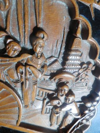 Vintage Chinese Wood End Table w/ Carved Scenes on Sides & Top 6