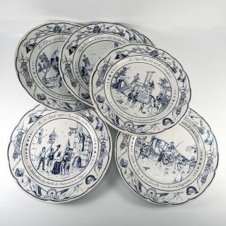 Antique French 6pc Plates Commemorating The Revolution,  Blue & White,  Luneville