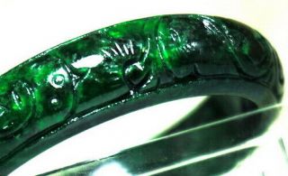Estate Chinese Natural Emerald Green Jadeite Jade Bangle Hand Carved Bracelet