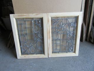 PAIR ANTIQUE STAINED BEVELED JEWELED GLASS TRANSOM WINDOWS 28 X 20 SALVAGE 10