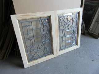 PAIR ANTIQUE STAINED BEVELED JEWELED GLASS TRANSOM WINDOWS 28 X 20 SALVAGE 11