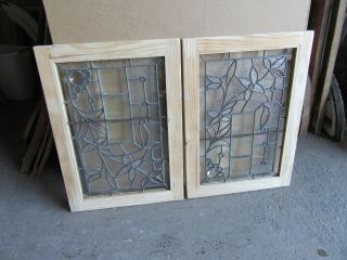 PAIR ANTIQUE STAINED BEVELED JEWELED GLASS TRANSOM WINDOWS 28 X 20 SALVAGE 12