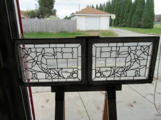 PAIR ANTIQUE STAINED BEVELED JEWELED GLASS TRANSOM WINDOWS 28 X 20 SALVAGE 2