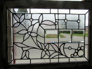 PAIR ANTIQUE STAINED BEVELED JEWELED GLASS TRANSOM WINDOWS 28 X 20 SALVAGE 5