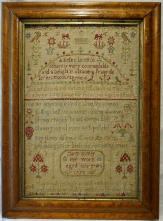 Late 18th Century Verse,  Motif & Quotation Sampler By Mary Dover Aged 10 - 1779