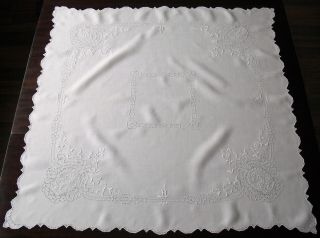 Vtg Antique Linen Figural Appenzell Whitework Embroidered Tea Tablecloth 34x34 2