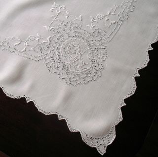 Vtg Antique Linen Figural Appenzell Whitework Embroidered Tea Tablecloth 34x34 3