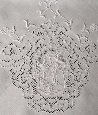 Vtg Antique Linen Figural Appenzell Whitework Embroidered Tea Tablecloth 34x34 4