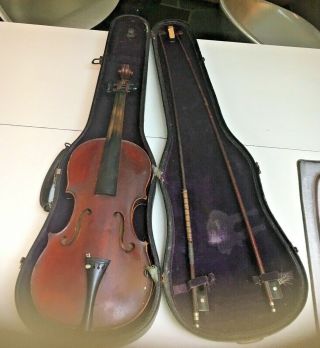 Antique Hand Signed " Bertrand " Maple Wood Medio - Fino Violin,  Hard Case,  2 Bows