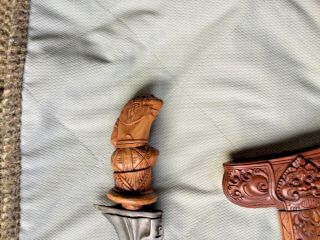 Antique Javanese Kris Dagger Damascus Blade Elaborately Carved Sheath 7