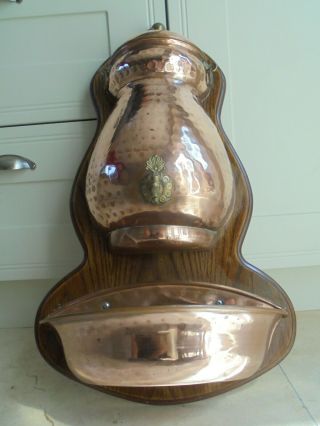 Vintage French copper water fountain,  garden water feature,  wooden back board 2