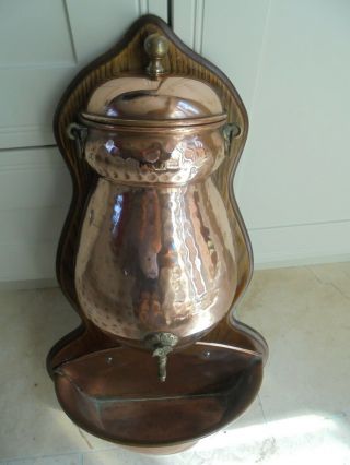 Vintage French copper water fountain,  garden water feature,  wooden back board 5