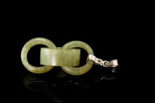 Vintage Carved Green Jade Interlocking Rings Silver Pendant D97 - 14