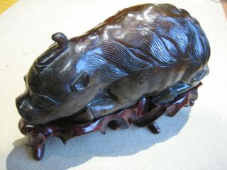Vintage Fine Chinese Hand Carved Hard Stone Figurine on Wood Stand.  (RARE) 10