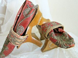Antique Chinese Shoes With Embroiderd & Inlaid Wooden Platforms
