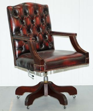 Vintage Bevan Funnell Directors Oxblood Leather Chesterfield Captains Chair