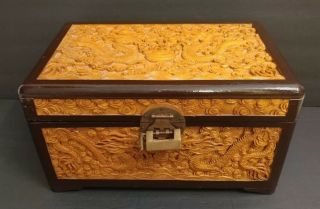 Antique Large Chinese Wood Carved Dragons Treasure Chest Box Detailed Carvings