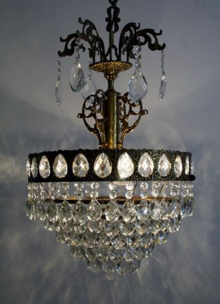 Antique French Basket Style Brass & Crystals Huge Chandelier From 1950 
