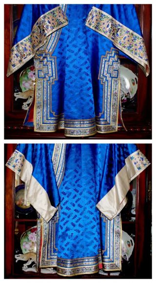 QING Chinese Kesi Embroidered Blue Silk Formal Manchu Chaufu Zen Robe Textile 1 4