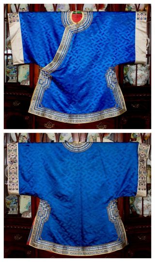 QING Chinese Kesi Embroidered Blue Silk Formal Manchu Chaufu Zen Robe Textile 1 5