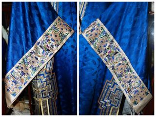 QING Chinese Kesi Embroidered Blue Silk Formal Manchu Chaufu Zen Robe Textile 1 8