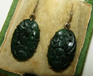 Exquisite,  Antique Victorian Chinese 9 Ct Gold Imperial Dark Green Jade Earrings