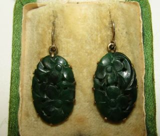 EXQUISITE,  ANTIQUE VICTORIAN CHINESE 9 CT GOLD IMPERIAL DARK GREEN JADE EARRINGS 2