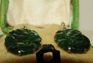 EXQUISITE,  ANTIQUE VICTORIAN CHINESE 9 CT GOLD IMPERIAL DARK GREEN JADE EARRINGS 3