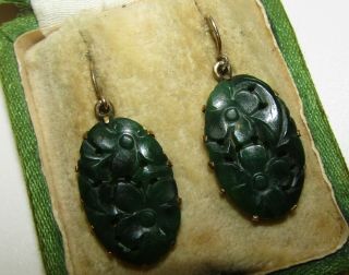 EXQUISITE,  ANTIQUE VICTORIAN CHINESE 9 CT GOLD IMPERIAL DARK GREEN JADE EARRINGS 4