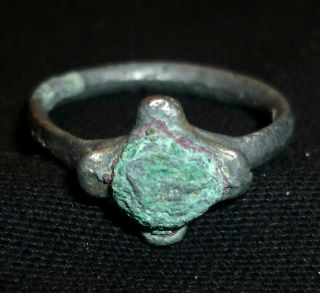 Knight Templar Silver Ring With Cross And Stone Gem Circa 11th - 12th Century Ad