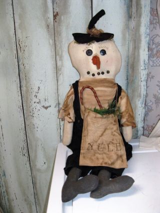 30 " Hand Made Primitive Grungy Snowman Rag Doll W/ Suspenders