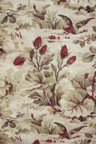 Antique French Fabric Printed Cotton Heavy Weight Ducks Roses Rare Design C1890