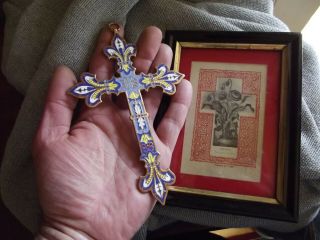 Huge Antique French Bronze Enamel Cloisonne Cross Crucifix w/Big Fleurs De Lys 5
