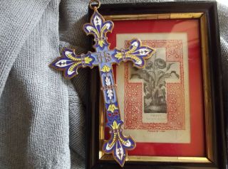 Huge Antique French Bronze Enamel Cloisonne Cross Crucifix w/Big Fleurs De Lys 8