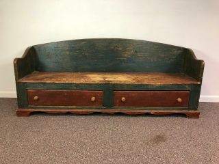 Antique Quebec Pine Settle Bench In Blue/green & Red Paint Live Edge Two Drawers
