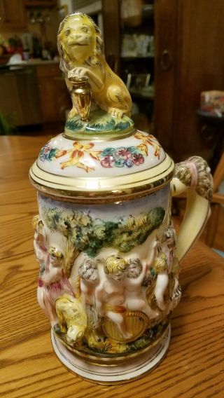 Antique Capodimonte Beer Stein With Cherubs And Lions 10.  5 "